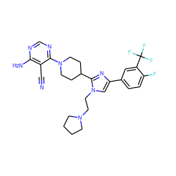 N#Cc1c(N)ncnc1N1CCC(c2nc(-c3ccc(F)c(C(F)(F)F)c3)cn2CCN2CCCC2)CC1 ZINC000219733445