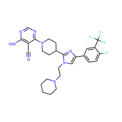 N#Cc1c(N)ncnc1N1CCC(c2nc(-c3ccc(F)c(C(F)(F)F)c3)cn2CCN2CCCCC2)CC1 ZINC000219782304