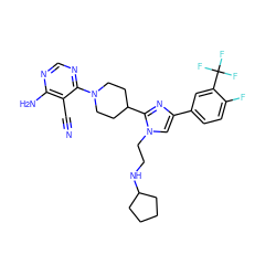 N#Cc1c(N)ncnc1N1CCC(c2nc(-c3ccc(F)c(C(F)(F)F)c3)cn2CCNC2CCCC2)CC1 ZINC000218723415