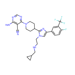 N#Cc1c(N)ncnc1N1CCC(c2nc(-c3ccc(F)c(C(F)(F)F)c3)cn2CCNCC2CC2)CC1 ZINC000218686576