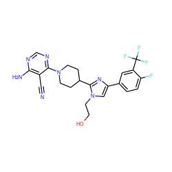 N#Cc1c(N)ncnc1N1CCC(c2nc(-c3ccc(F)c(C(F)(F)F)c3)cn2CCO)CC1 ZINC000218704151