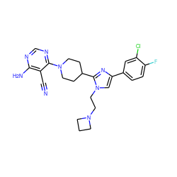 N#Cc1c(N)ncnc1N1CCC(c2nc(-c3ccc(F)c(Cl)c3)cn2CCN2CCC2)CC1 ZINC000219091824