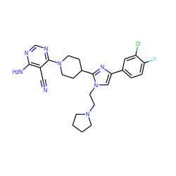 N#Cc1c(N)ncnc1N1CCC(c2nc(-c3ccc(F)c(Cl)c3)cn2CCN2CCCC2)CC1 ZINC000219783531