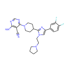 N#Cc1c(N)ncnc1N1CCC(c2nc(-c3ccc(F)c(F)c3)cn2CCN2CCCC2)CC1 ZINC001772641382