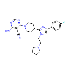 N#Cc1c(N)ncnc1N1CCC(c2nc(-c3ccc(F)cc3)cn2CCN2CCCC2)CC1 ZINC000219747265