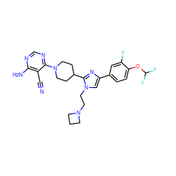 N#Cc1c(N)ncnc1N1CCC(c2nc(-c3ccc(OC(F)F)c(F)c3)cn2CCN2CCC2)CC1 ZINC001772657214