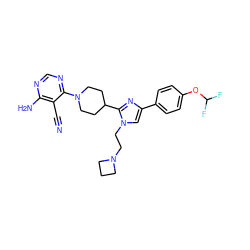 N#Cc1c(N)ncnc1N1CCC(c2nc(-c3ccc(OC(F)F)cc3)cn2CCN2CCC2)CC1 ZINC001772576351