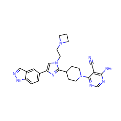 N#Cc1c(N)ncnc1N1CCC(c2nc(-c3ccc4[nH]ncc4c3)cn2CCN2CCC2)CC1 ZINC000219092016