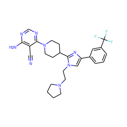 N#Cc1c(N)ncnc1N1CCC(c2nc(-c3cccc(C(F)(F)F)c3)cn2CCN2CCCC2)CC1 ZINC000219783630