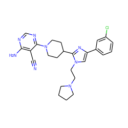 N#Cc1c(N)ncnc1N1CCC(c2nc(-c3cccc(Cl)c3)cn2CCN2CCCC2)CC1 ZINC000219776055