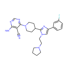 N#Cc1c(N)ncnc1N1CCC(c2nc(-c3cccc(F)c3)cn2CCN2CCCC2)CC1 ZINC000219775759