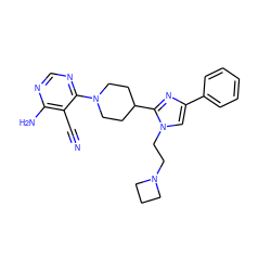 N#Cc1c(N)ncnc1N1CCC(c2nc(-c3ccccc3)cn2CCN2CCC2)CC1 ZINC000218692386