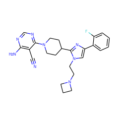 N#Cc1c(N)ncnc1N1CCC(c2nc(-c3ccccc3F)cn2CCN2CCC2)CC1 ZINC000219118114