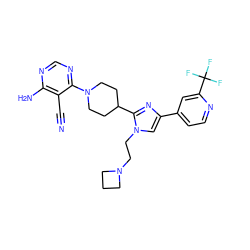 N#Cc1c(N)ncnc1N1CCC(c2nc(-c3ccnc(C(F)(F)F)c3)cn2CCN2CCC2)CC1 ZINC000218686348