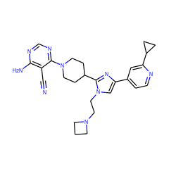 N#Cc1c(N)ncnc1N1CCC(c2nc(-c3ccnc(C4CC4)c3)cn2CCN2CCC2)CC1 ZINC001772634146