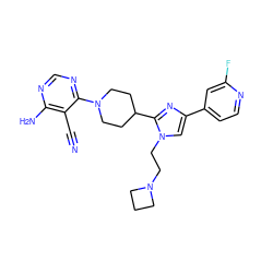 N#Cc1c(N)ncnc1N1CCC(c2nc(-c3ccnc(F)c3)cn2CCN2CCC2)CC1 ZINC000219732668