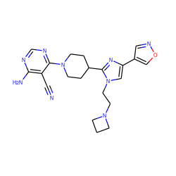 N#Cc1c(N)ncnc1N1CCC(c2nc(-c3cnoc3)cn2CCN2CCC2)CC1 ZINC000218689321