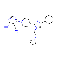 N#Cc1c(N)ncnc1N1CCC(c2nc(C3CCCCC3)cn2CCN2CCC2)CC1 ZINC000206947389