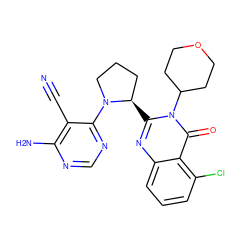 N#Cc1c(N)ncnc1N1CCC[C@H]1c1nc2cccc(Cl)c2c(=O)n1C1CCOCC1 ZINC000221114137