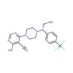 N#Cc1c(N)ncnc1N1CCN([C@H](CN)c2ccc(C(F)(F)F)cc2)CC1 ZINC000219029219