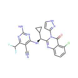 N#Cc1c(N[C@H](c2nc3cccc(Cl)c3c(=O)n2-c2cc[nH]n2)C2CC2)nc(N)nc1C(F)F ZINC001772594289