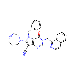 N#Cc1c(N2CCCNCC2)n(Cc2ccccc2)c2c(=O)n(Cc3nccc4ccccc34)cnc12 ZINC000073292806