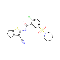 N#Cc1c(NC(=O)c2cc(S(=O)(=O)N3CCCCC3)ccc2Cl)sc2c1CCC2 ZINC000000806083