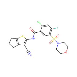 N#Cc1c(NC(=O)c2cc(S(=O)(=O)N3CCOCC3)c(F)cc2Cl)sc2c1CCC2 ZINC000013588559