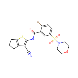 N#Cc1c(NC(=O)c2cc(S(=O)(=O)N3CCOCC3)ccc2Br)sc2c1CCC2 ZINC000013588574