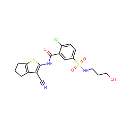 N#Cc1c(NC(=O)c2cc(S(=O)(=O)NCCCO)ccc2Cl)sc2c1CCC2 ZINC000013588557