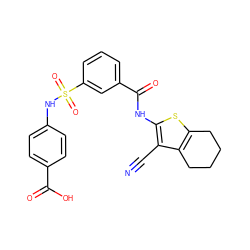 N#Cc1c(NC(=O)c2cccc(S(=O)(=O)Nc3ccc(C(=O)O)cc3)c2)sc2c1CCCC2 ZINC000002849675