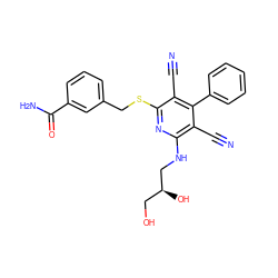 N#Cc1c(NC[C@@H](O)CO)nc(SCc2cccc(C(N)=O)c2)c(C#N)c1-c1ccccc1 ZINC000113380785