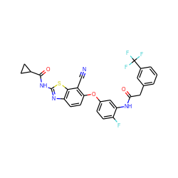 N#Cc1c(Oc2ccc(F)c(NC(=O)Cc3cccc(C(F)(F)F)c3)c2)ccc2nc(NC(=O)C3CC3)sc12 ZINC000068208189