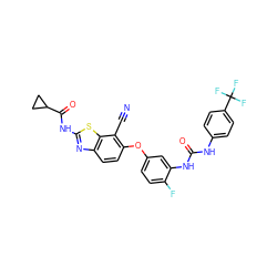 N#Cc1c(Oc2ccc(F)c(NC(=O)Nc3ccc(C(F)(F)F)cc3)c2)ccc2nc(NC(=O)C3CC3)sc12 ZINC000096169494