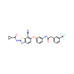 N#Cc1c(Oc2cccc(NC(=O)Cc3cccc(C(F)(F)F)c3)c2)ccc2nc(NC(=O)C3CC3)sc12 ZINC000068208193