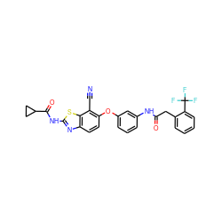 N#Cc1c(Oc2cccc(NC(=O)Cc3ccccc3C(F)(F)F)c2)ccc2nc(NC(=O)C3CC3)sc12 ZINC000103250623