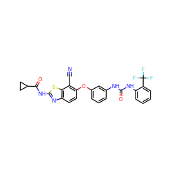 N#Cc1c(Oc2cccc(NC(=O)Nc3ccccc3C(F)(F)F)c2)ccc2nc(NC(=O)C3CC3)sc12 ZINC000103250614