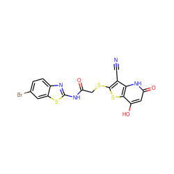 N#Cc1c(SCC(=O)Nc2nc3ccc(Br)cc3s2)sc2c(O)cc(=O)[nH]c12 ZINC000013568734