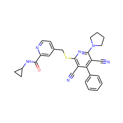 N#Cc1c(SCc2ccnc(C(=O)NC3CC3)c2)nc(N2CCCC2)c(C#N)c1-c1ccccc1 ZINC000142110015