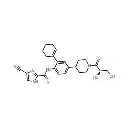 N#Cc1c[nH]c(C(=O)Nc2ccc(C3CCN(C(=O)[C@H](O)CO)CC3)cc2C2=CCCCC2)n1 ZINC000095580577