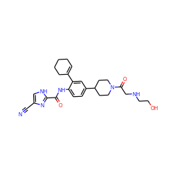 N#Cc1c[nH]c(C(=O)Nc2ccc(C3CCN(C(=O)CNCCO)CC3)cc2C2=CCCCC2)n1 ZINC000035881778