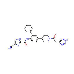 N#Cc1c[nH]c(C(=O)Nc2ccc(C3CCN(C(=O)Cc4c[nH]cn4)CC3)cc2C2=CCCCC2)n1 ZINC000035923469