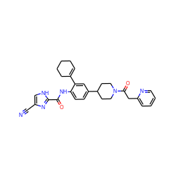 N#Cc1c[nH]c(C(=O)Nc2ccc(C3CCN(C(=O)Cc4ccccn4)CC3)cc2C2=CCCCC2)n1 ZINC000035953166