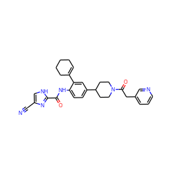 N#Cc1c[nH]c(C(=O)Nc2ccc(C3CCN(C(=O)Cc4cccnc4)CC3)cc2C2=CCCCC2)n1 ZINC000095576131