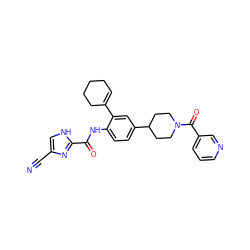 N#Cc1c[nH]c(C(=O)Nc2ccc(C3CCN(C(=O)c4cccnc4)CC3)cc2C2=CCCCC2)n1 ZINC000035936025