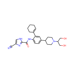 N#Cc1c[nH]c(C(=O)Nc2ccc(C3CCN(C(CO)CO)CC3)cc2C2=CCCCC2)n1 ZINC000095578374