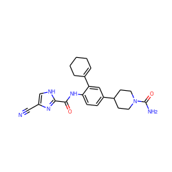 N#Cc1c[nH]c(C(=O)Nc2ccc(C3CCN(C(N)=O)CC3)cc2C2=CCCCC2)n1 ZINC000034642206