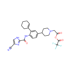 N#Cc1c[nH]c(C(=O)Nc2ccc(C3CCN(CC(=O)OC(=O)C(F)(F)F)CC3)cc2C2=CCCCC2)n1 ZINC000146149990