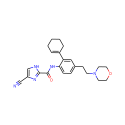 N#Cc1c[nH]c(C(=O)Nc2ccc(CCN3CCOCC3)cc2C2=CCCCC2)n1 ZINC000103285610