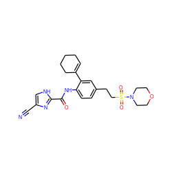 N#Cc1c[nH]c(C(=O)Nc2ccc(CCS(=O)(=O)N3CCOCC3)cc2C2=CCCCC2)n1 ZINC000103287085